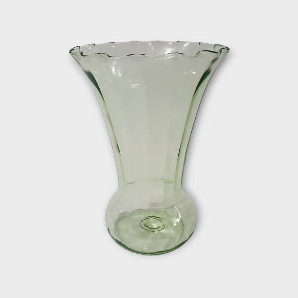 Vintage Art Deco Uranium Vaseline Green Depression Glass Vase Scalloped Rim 10" - Picture 6 of 8